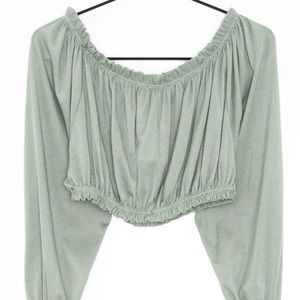 Zara Ruched Olive Green Off The Shoulder Crop Top Size Medium Blouse